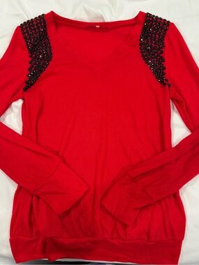 Sugar Lips Red Embellished Shoulder V-Neck Women's Top